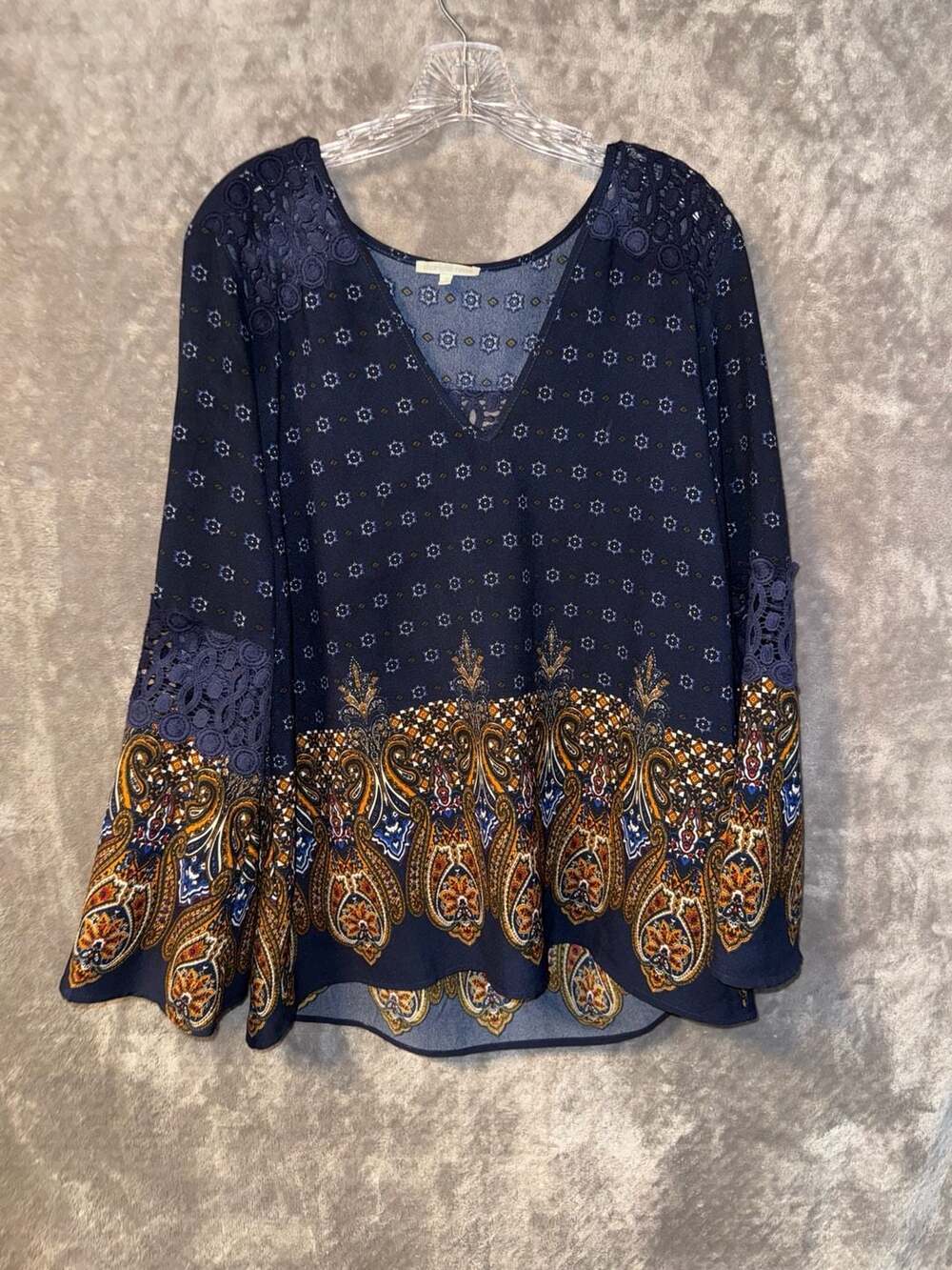 Charlotte Russe Paisley Print Lace Trim Bell Sleeve Blouse 1X